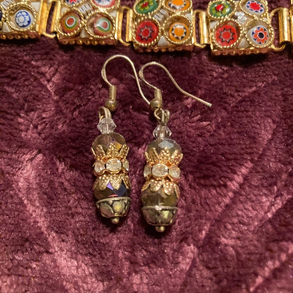 Faux gold and pheno clay bracelet and handmade beaded earrings